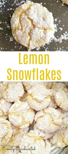 lemon snowflakes on a baking sheet with powdered sugar in the middle and an over head view of them