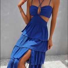 Never Worn I Love This It Just Doesn’t Fit Me Size Small True Size Small Chic Blue Cutout Maxi Dress, Chic Blue Maxi Dress With Cutout, Blue Cutout Maxi Dress For Summer, Blue Cutout Midi Dress For Summer, Blue Cutout Midi Dress For Spring, Dresses Shein, Strappy Dress, Shein Dress, Dresses Blue