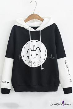 Drawstring Hood Japanese Cat Print Color Block Long Sleeve Hoodie Sweat Noir, Harajuku Girls, Style Kawaii, Stylish Hoodies, Japanese Cat, Kawaii Fashion Outfits, Sweatshirt Outfit, Cropped Sweatshirt, Girl Sweatshirts