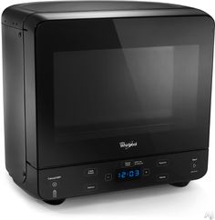 a black microwave oven sitting on top of a counter