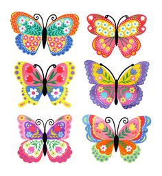 six colorful butterflies with different designs on them