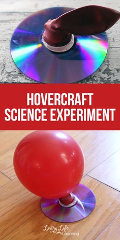 a red balloon sitting on top of a wooden floor next to a dvd disc with the words hovecraft science experiment