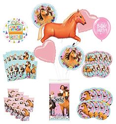 With this complete Spirit Riding Free Birthday party kit you will receive: (1) 43" Tan Horse Foil Balloon (2) 18" Spirit Riding Free Round Foil Balloon, (2) 19" Pink Heart foils, (1) 18" Birthday Present balloon, (1) 17" Giant Custom Outdoor Latex Party Location Balloon "B-Day Party" Made in USA - (8) 9" Spirit Dining plates, (8) 7" Spirit dessert plates - (1) Spirit - Table Cover, (8) Spirit - 9 oz Cups - (16) Spirit - Lunch Napkins. Just add Helium to the balloons and ENJOY. Inflate balloons s Spirit Riding Free Birthday Party, Horse Theme Birthday Party, Horse Party Decorations, Horse Balloons, Spirit Riding Free, Kids Party Balloons, Horse Birthday Parties, Horse Party, Horse Birthday