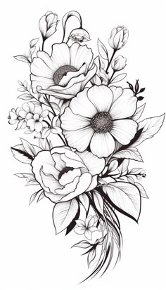 a bouquet of flowers is drawn in black and white on a white background with the words,