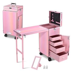 a pink vanity with drawers and an open drawer on the bottom, next to it's contents