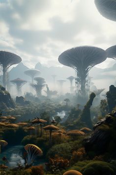 an alien landscape with trees and plants in the foreground