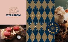 the steak room logo is next to an image of a cow and some other items