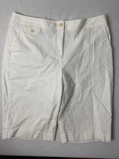 Talbots Stretch Shorts Size 12 Material: cotton and lycra Color: white Small mark that just needs to be treated in wash bag 17v JN White Fitted Cotton Bottoms, White Cotton Bermuda Shorts For Summer, Fitted White Cotton Bottoms, Spring White Stretch Bermuda Shorts, Stretch Cotton Bermuda Shorts With Pockets, White Bermuda Shorts With Pockets For Spring, White Short Leg Pants With Pockets, White Shorts With Pockets, White Bermuda Pants For Spring