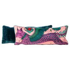 two pink and green pillows with an animal design on the front, one in leopard print