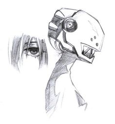 a drawing of a girl with a helmet on her head and another woman's face in the background