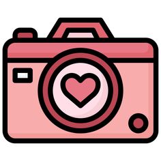 a pink camera with a heart on it's front and the lens facing upwards