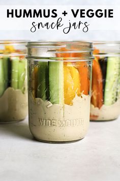 hummus and veggie snack jars with text overlay