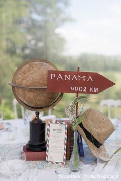 a wooden globe sitting on top of a table next to a sign that says panama