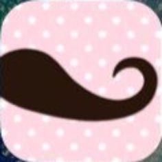 a pink and white dotted square with a brown mustache on it's side, against a blue background