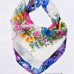 Hand Painted 100% Silk Scarf flower Wreath Hand - Etsy Bulgaria White Square Scarf For Spring, White Square Silk Scarf For Spring, Artistic White Scarf For Spring, White Artistic Scarves For Spring, Artistic White Scarves For Spring, Handmade Silk Scarf Summer Gift, Handmade Silk Scarf As Summer Gift, Summer Floral Print Silk Scarf As Gift, Artistic White Silk Scarf For Summer