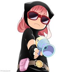 an anime character with pink hair and sunglasses holding a blue object in one hand while wearing a black hoodie