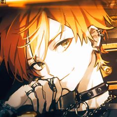 an anime character with red hair and piercings on his ears, wearing black leather chains