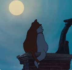 an animated cat sitting on top of a brick wall with the moon in the background