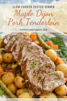 a plate with meat, potatoes and carrots on it that says maple dijon pork tender