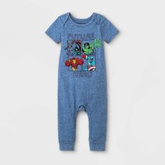 Prep your future SHIELD recruit for exciting days in this 3-Piece Marvel Top and Bottom Set. Made from a soft fabric blend, each piece in this baby boys' top and bottom set offers him comfy wear during tummy time, nap time or stroller rides in the park. The set includes one short-sleeve blue bodysuit with a grid-like illustration of the Hulk, Captain America, Iron Man and Thor on the front with the phrase "Future Hero," along with two rompers — one blue with Captain America's shield symbol and t Shield Symbol, Captain America Iron Man, Top And Bottom Set, Thigh Piece, Captain America Shield, Blue Bodysuit, The Hulk, Comfy Wear, Tummy Time