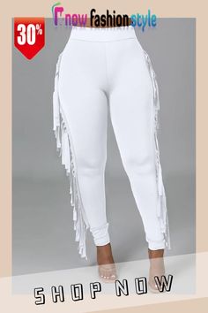 White Fashion Casual Solid Tassel Regular High Waist Pencil Trousers Black Trousers Casual, Flair Pants, Pencil Trousers, Celana Fashion, Style Bleu, White Fashion Casual, Trouser Outfits, Women Leggings, Club Wear