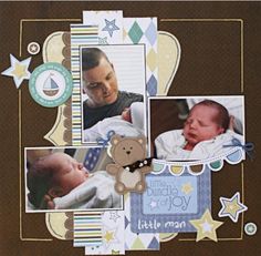 a scrapbook page with baby pictures and a teddy bear on the cover, along with a little man