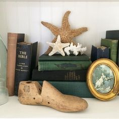 some books are stacked on top of each other with starfishs and seashells