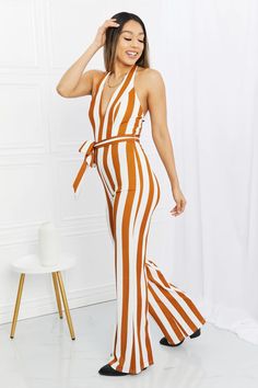 Striped Halter Neck Belted Jumpsuit – Via Vay Boutique Unique Jumpsuits, Halter Neck Jumpsuit, Belted Jumpsuit, Dress Layer, Belt Jumpsuit, Jumpsuit Jacket, Home Dress