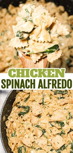 chicken spinach alfredo in a cast iron skillet with text overlay that reads chicken spinach alfredo