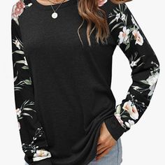 Breathable And Light Weight Top Size L Color: Black With Floral Long Sleeves Round Neck New With Tags Black Floral Print Stretch Tops, Black Stretch Tops With Floral Print, Black Stretch Top With Floral Print, Black Stretch Floral Print Tops, Black Floral Print Crew Neck Tops, Black Floral Print Tops For Fall, Floral Sleeves, Yellow Floral Blouse, Mock Neck Tank Top