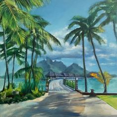 an oil painting of palm trees and a road leading to the ocean with mountains in the background