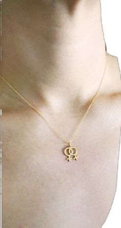 Symbolic Charms Necklaces, Symbolic Engraved Yellow Gold Charm Necklace, Valentine's Day Round Pendant Charm Necklace, Female Symbol Necklace, Gold Goddess Style Engraved Necklace, Double Venus Necklace, Yellow Gold Goddess Necklace For Gift, Lesbian Symbol, Venus Necklace