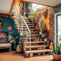 the stairs are decorated with colorful designs and potted plants