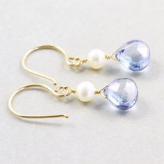 Blue Quartz Dangle Earrings, Pearl Earrings, Blue Drop Earrings, Bridesmaids Gift Classic Blue Pearl Drop Earrings, Classic Blue Pearl Earrings For Gift, Blue Briolette Teardrop Earrings For Gift, Blue Teardrop Pearl Drop Jewelry, Hypoallergenic Blue Briolette Earrings, Blue Faceted Drop Earrings, Blue Teardrop Pearl Earrings With Gemstone, Blue Briolette Jewelry With Pearl Drop, Blue Briolette Pearl Drop Jewelry