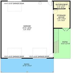 the garage floor plan for this home is shown in blue and green, with an attached pool