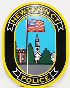 the town of newtonon, new york police badge is shown in black and yellow