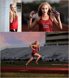 a woman running on a track with other photos