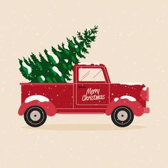 a red truck with a christmas tree in the back