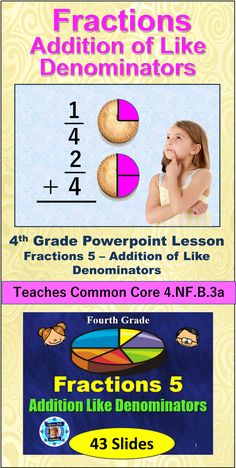 4th Grade Fractions 5 - Adding Like Denominators Powerpoint Lesson - This is a powerful lesson when used as direct instruction in the classroom, on-line, or individually. It teaches students how to add fractions that have the same denominators. Models are used extensively and fractions are also decomposed to help with the concept understanding. There are 22 effective teaching strategies used in this lesson base on research. How To Add Fractions, Add Fractions, Stem Resources