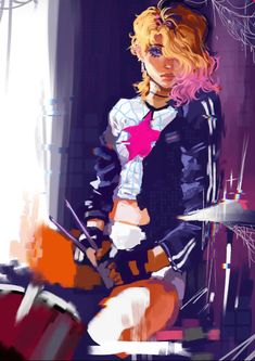 a digital painting of a girl with pink hair playing drums in front of a window