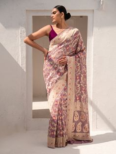 Mauve Meenakari Khaddi Georgette Handloom Banarasi Saree Weaving Process, Saree Look, Cut Work, Natural Fabrics, Sustainable Fashion