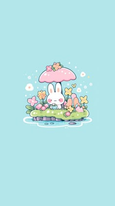 a cartoon bunny sitting under an umbrella in the water