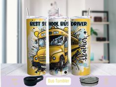 two yellow school bus tumblers sitting on top of a table