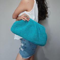 "📌 Get ready for the summer of 2023 with our stylish and versatile summer bag, meticulously handcrafted with eco-friendly paper yarn. 📌 This summer bag is the perfect accessory for women who want to embrace the season with a touch of crochet charm and natural elegance. 📌 Available in three convenient sizes - small, medium, and large - you can choose the perfect size to suit your needs and style. 📌 Made with a combination of crochet and raffia, this bag showcases a unique blend of textures, c Casual Blue Clutch Bag, Turquoise Everyday Pouch Shoulder Bag, Handmade Blue Shoulder Bag For Spring, Blue Rectangular Clutch For Vacation, Blue Crochet Travel Pouch Bag, Blue Pouch Clutch For Beach, Turquoise Pouch Shoulder Bag For Travel, Blue Tote Pouch For Daily Use, Green Pouch Clutch For Summer