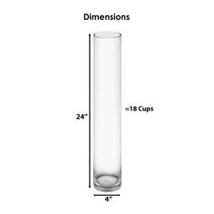 a tall glass vase with measurements for the bottom and top half, on a white background