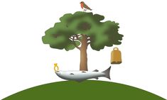 a bird is sitting on top of a tree with a fish and bell in the foreground