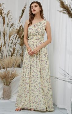 Spring Printed Georgette Dresses, One-shoulder Chiffon Dress For Garden Party, Flowy Yellow Chiffon Dress With Floral Print, Yellow Floral Print Chiffon Maxi Dress, Yellow Chiffon Maxi Dress With Floral Print, Spring Yellow Georgette Dress, One Shoulder Chiffon Dress With Floral Print, One-shoulder Chiffon Dress With Floral Print, Floral Print Chiffon One-shoulder Dress