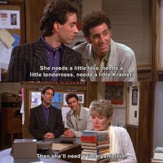 two men sitting at a desk with books in front of them and the caption says she needs a little love needs a little tenderness, needs a little drama