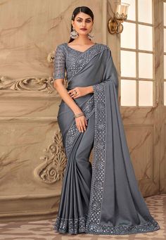 Buy Eid Special Saree Party wedding wear dresses Grey silk saree with blouse 6313 online in USA, UK and Canada from KollyBollyEthnics.com Ruffle Sarees, Grey Saree, Ruffle Saree, Designer Sarees Online, Art Silk Sarees, Fancy Sarees