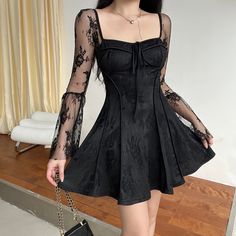 Size: XS, Color: Black Flare Sleeve Dress, Flare Long Sleeve, Fairy Dress, Tie Dress, Types Of Skirts, Glamorous Evening Gowns, Long Sleeve Mini Dress, Collar Dress, Long Sleeve Lace